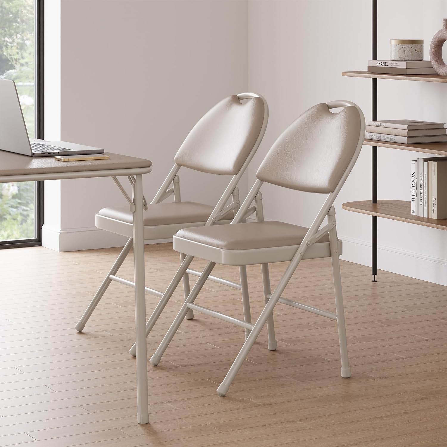 IDEALHOUSE 4 Pack Folding Chairs with PU Leather Padded Cushion, 350lbs Capacity, Lightweight Ergonomic Design, Metal Frame, Indoor Outdoor Portable Stackable Seats for Home Office Party Events, Beige