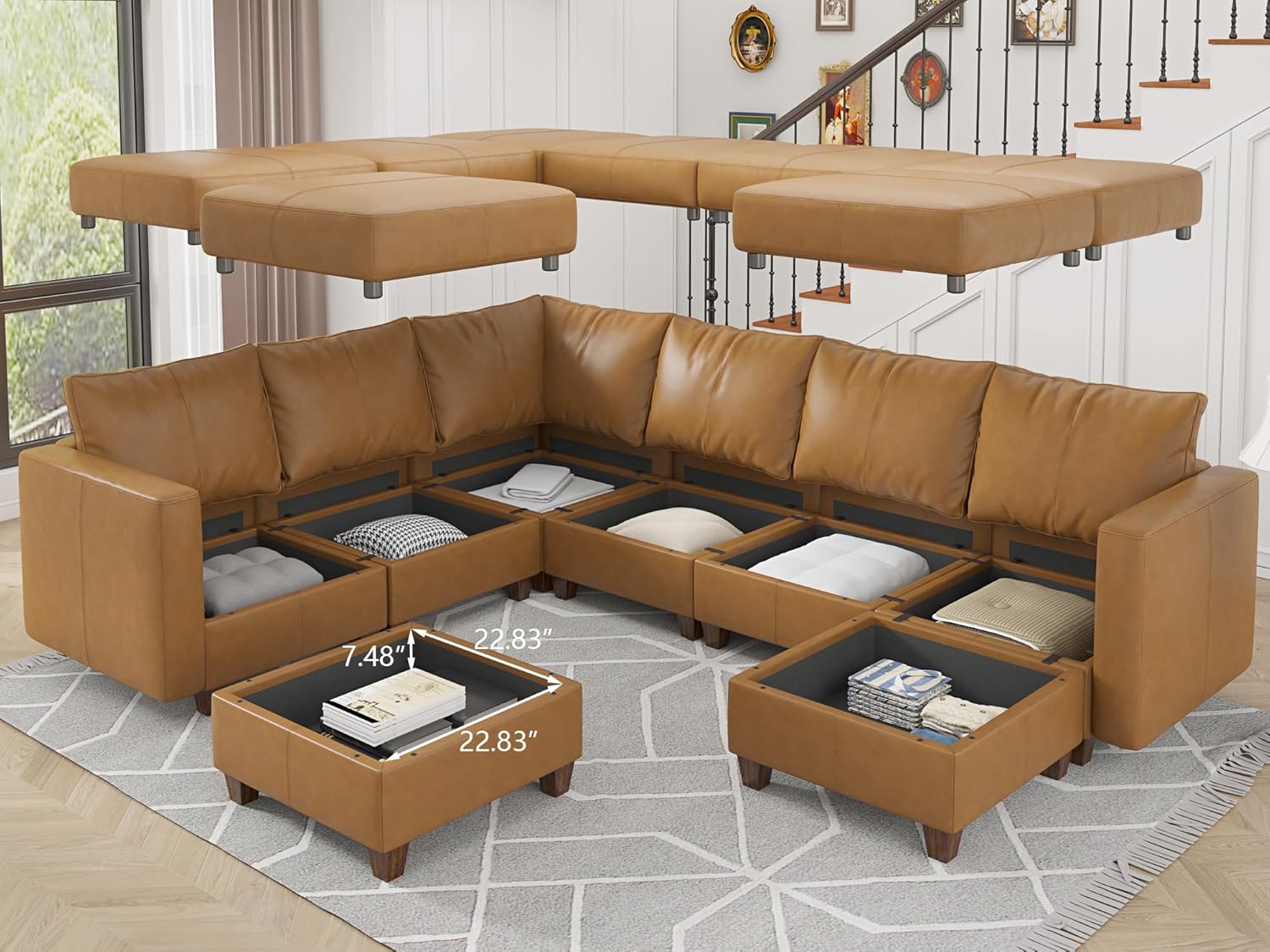 EASE MOOSE Leather Modualr Sectional Couch Sofa with Storage Ottomans,Faux Leather Sectional Sofa Brown U Shaped Modular Couch