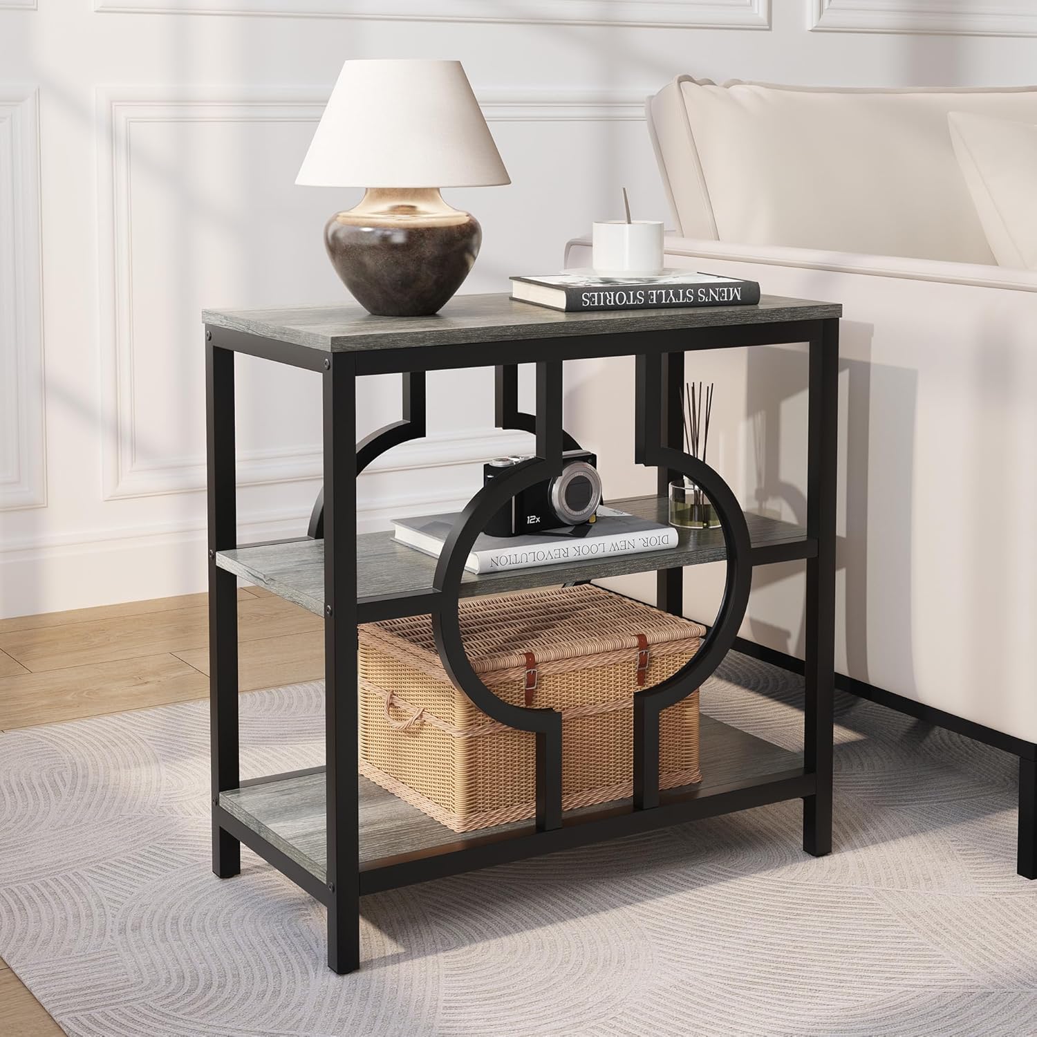 End Table, Narrow Side Table with 3-Tier Storage Shelves, Wood Sofa Side Table with Geometric Metal Frame for Living Room, Industrial Bedside Nightstand for Bedroom (1, Gray)