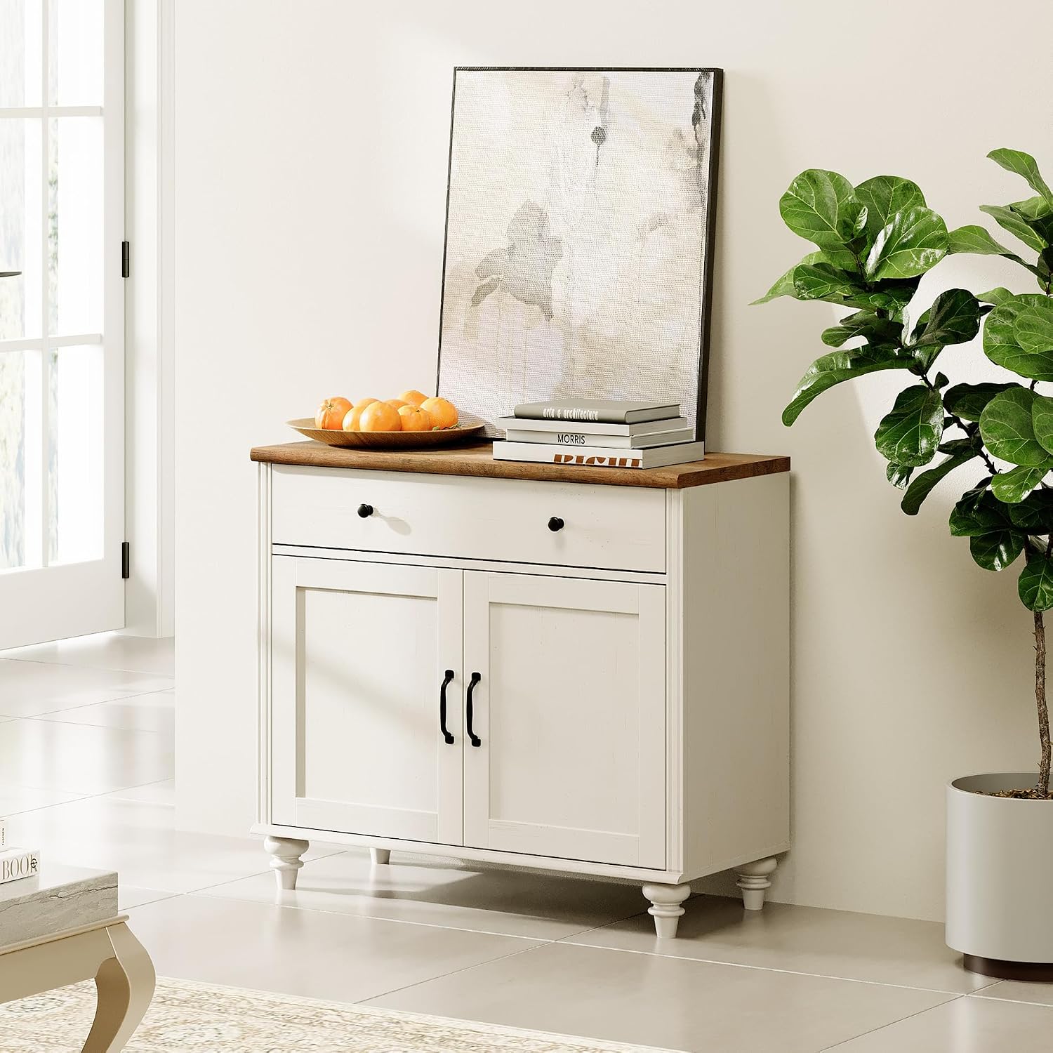 WAMPAT 34’‘ White Buffet Cabinet with Doors and Drawer, Wood Kitchen Storage Cabinet Modern Farmhouse Coffee Bar Table Sideboard Credenza for Dining Room