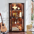 LELELINKY Farmhouse Corner Display Cabinet with Glass Doors, Corner Curio Cabinet with 3-Color LED Motion-Sensor Light, Reinforced Base, Walnut