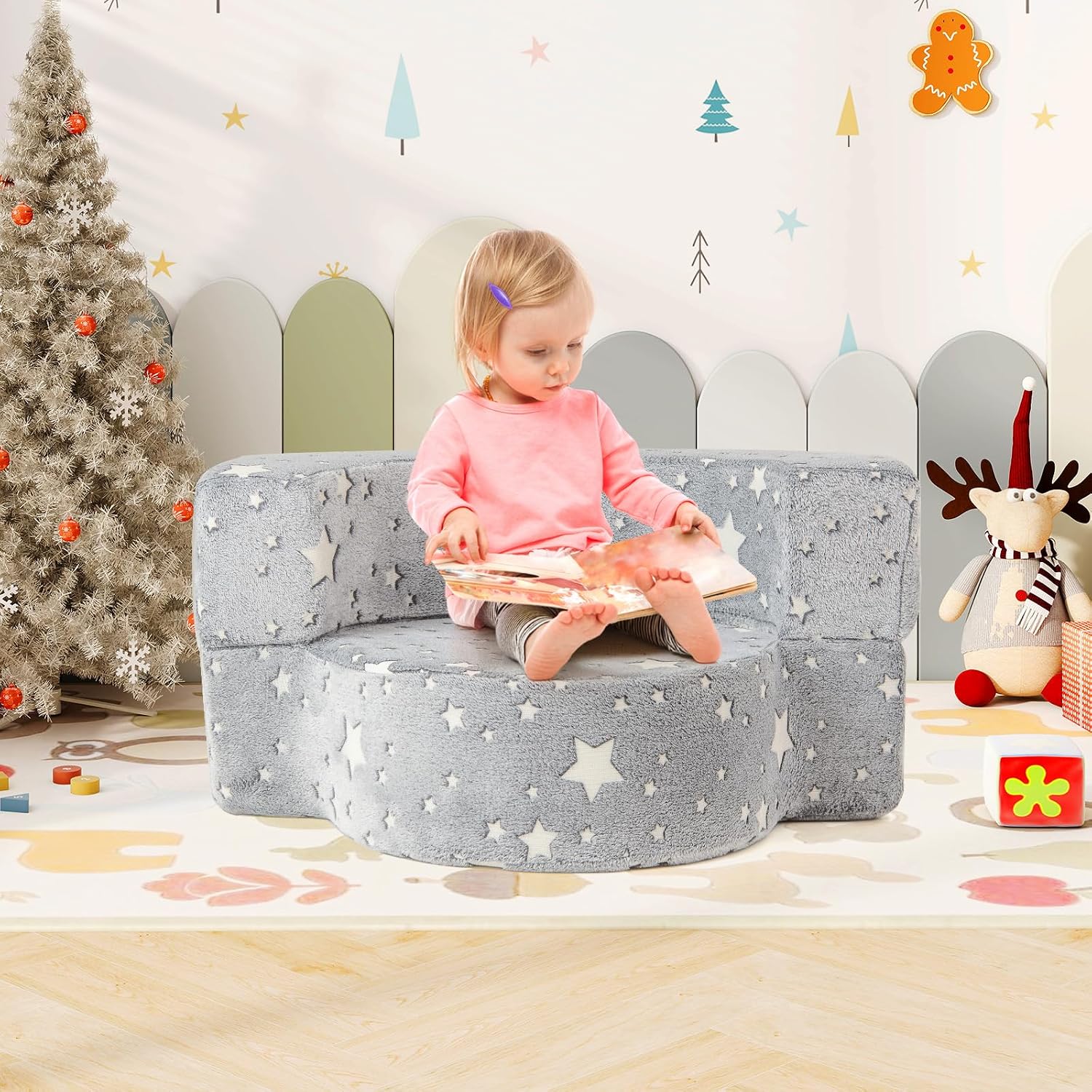 Costzon Kids Couch, 2 in 1 Convertible Toddler Reading Chair Sofa Glow in The Dark with 8-inch Sitting Cushion, Flannel Cover, Lightweight Children Plush Sofa Chair for Boys Girls Gifts