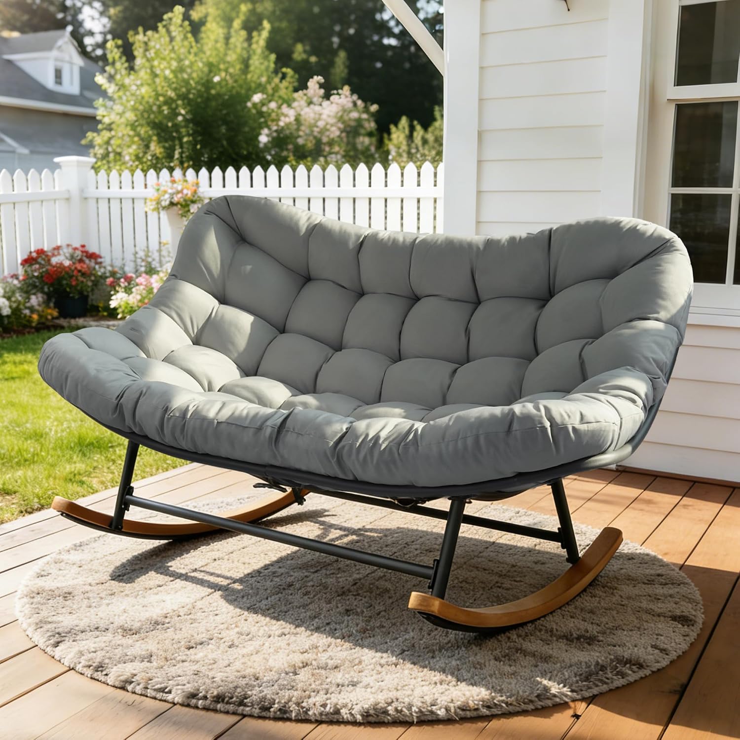 Double Papasan Rocking Chair, Oversized Outdoor & Indoor Loveseat with Thick Cushion, Heavy-Duty Steel Frame, 660 lbs Capacity, Egg Rocking Chair for Porch, Patio, Garden, Living Room (Gray)
