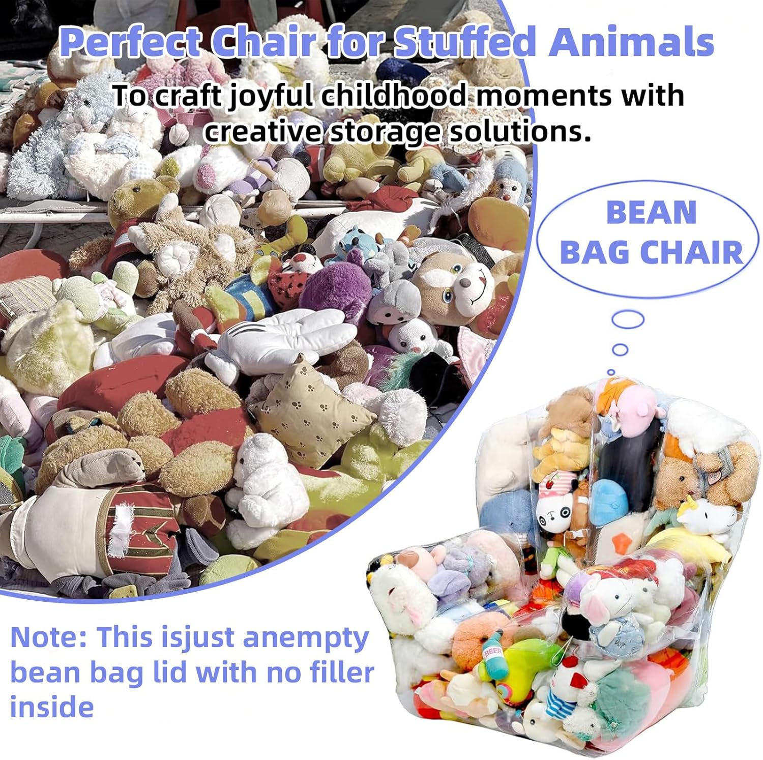 Clear Stuffed Animal Bean Bag Chair Cover for Kids, Waterproof Large Stuffable Beanbag Chair Cover, Creative PVC Plush Toys Storage, for Children Rooms Soft Stuff Animal(Large Square)