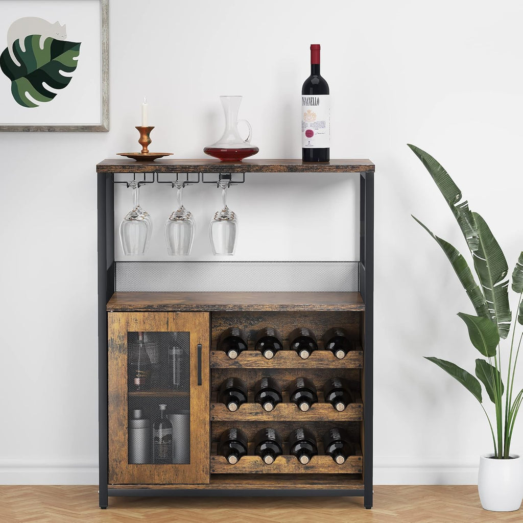 GAOMON Wine Bar Cabinet with Detachable Wine Rack, Wood Bar Cabinet with Storage Space & Glass Holder, Mesh Door, Small Modern Buffet Sideboard for Liquor and Glasses