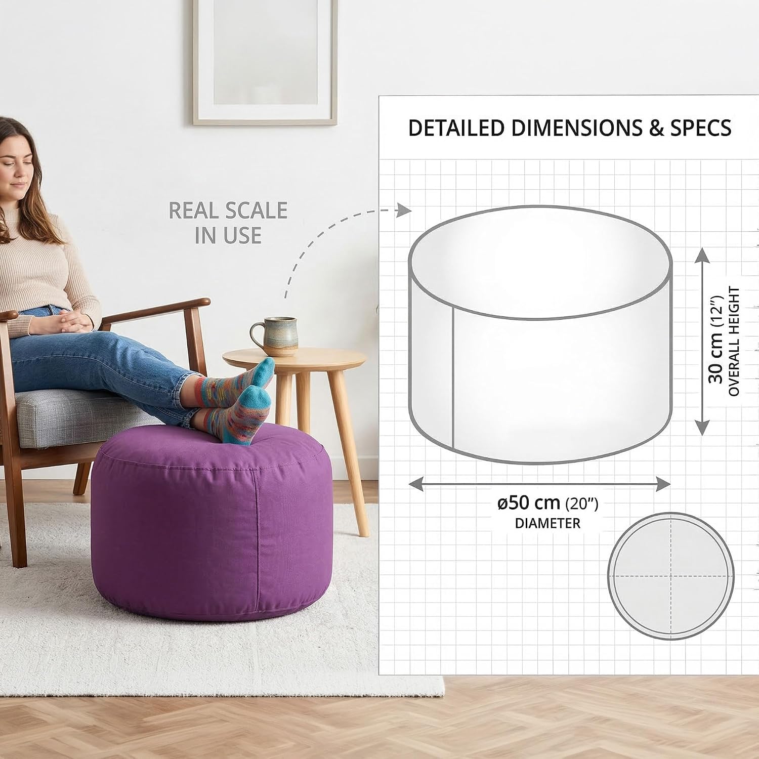 Gouchee Home Dotcom Soleil Bean Bag Round Pouf Ottoman, Orange - Waterproof, Fade-Resistant Ottoman Foot Rest for Outdoor Chair Filled with High-Density Polystyrene Beads, 20" D x 12" H