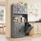71" H Kitchen Trash Cabinet, 47" Wide Pantry Hutch with Double 12 Gallon Pull Out Trash Bin Holders, Hidden Garbage Storage for Kitchen Dining Room, Gray