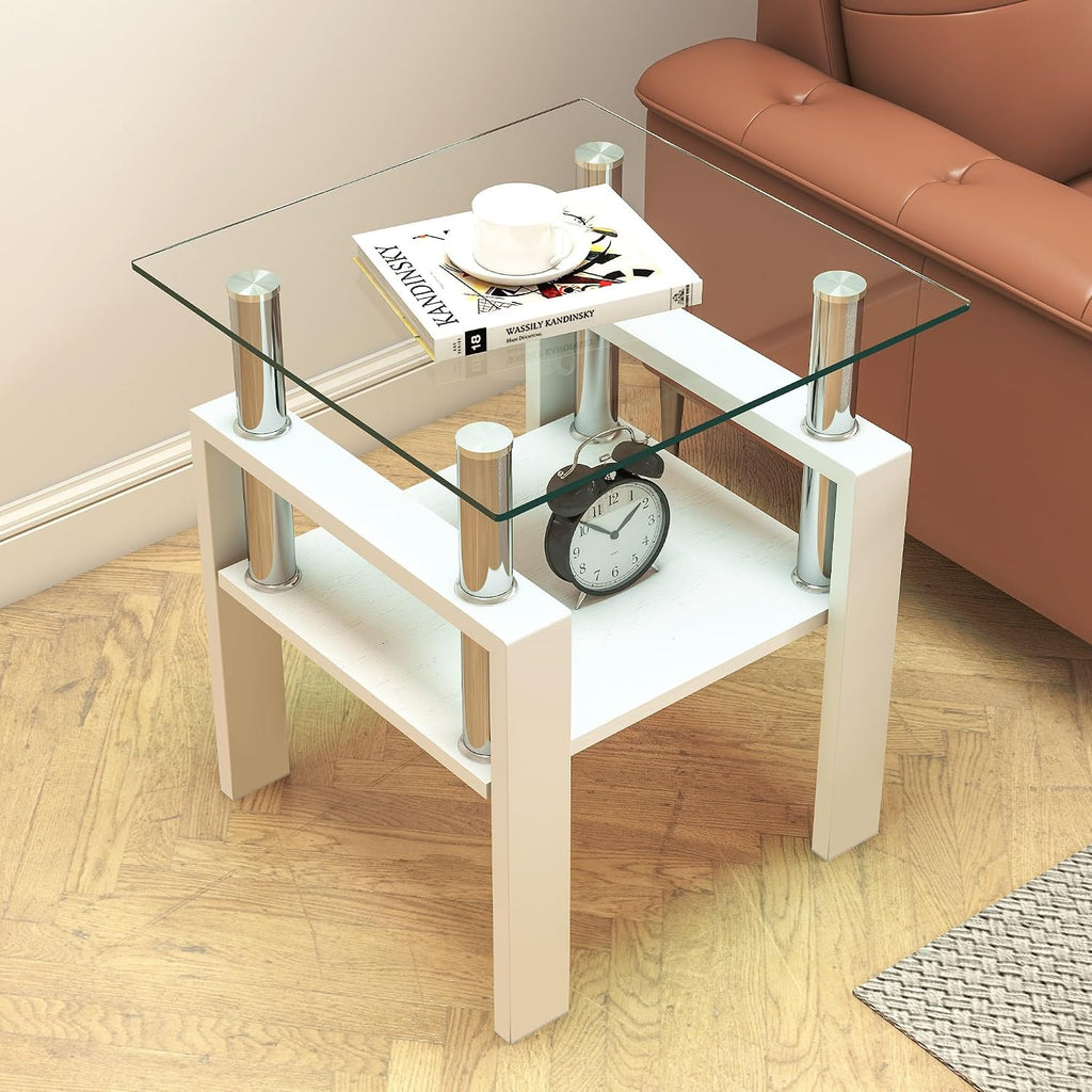 2-piece Set Modern Tempered Glass Side Table, Small Glass Top End Table, Square Table with Metal Frame, Suitable for Living Room and Bedroom