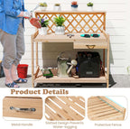 TANGZON Garden Potting Table, Solid Fir Wood Planting Workstation with Versatile trellis, Drawer, Raised Edge, Top & Lower Shelf, Wooden Flower Potting Bench for Backyard Balcony Lawn