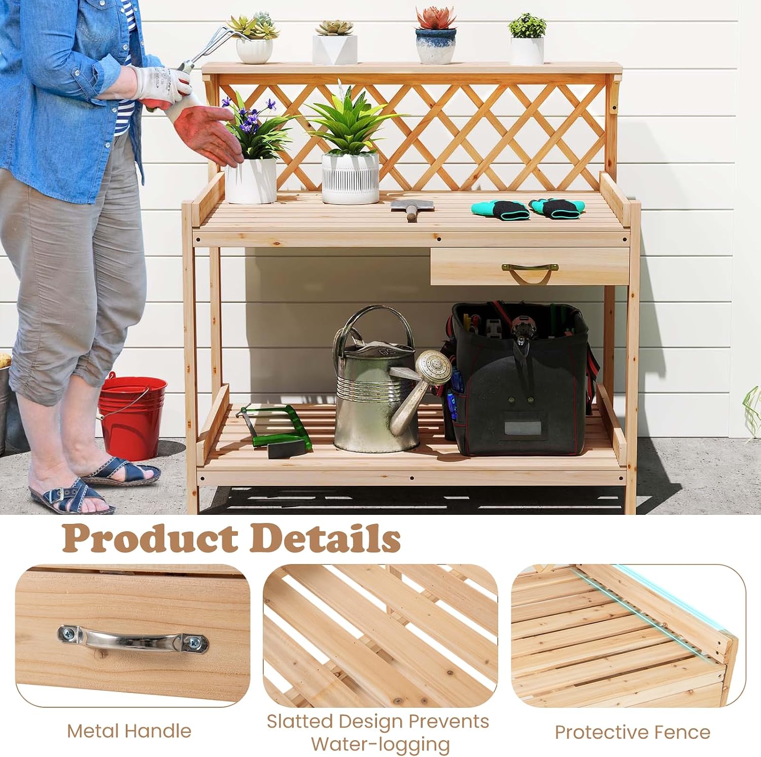 TANGZON Garden Potting Table, Solid Fir Wood Planting Workstation with Versatile trellis, Drawer, Raised Edge, Top & Lower Shelf, Wooden Flower Potting Bench for Backyard Balcony Lawn