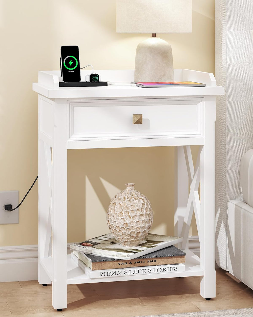 karlott 28" Nightstand with Charging Station, Solid Wood Night Stand with Pre-Assembled Drawer, Painted Bedside Table with Storage Shelf, Farmhouse End Side Table for Bedroom, Living Room, White