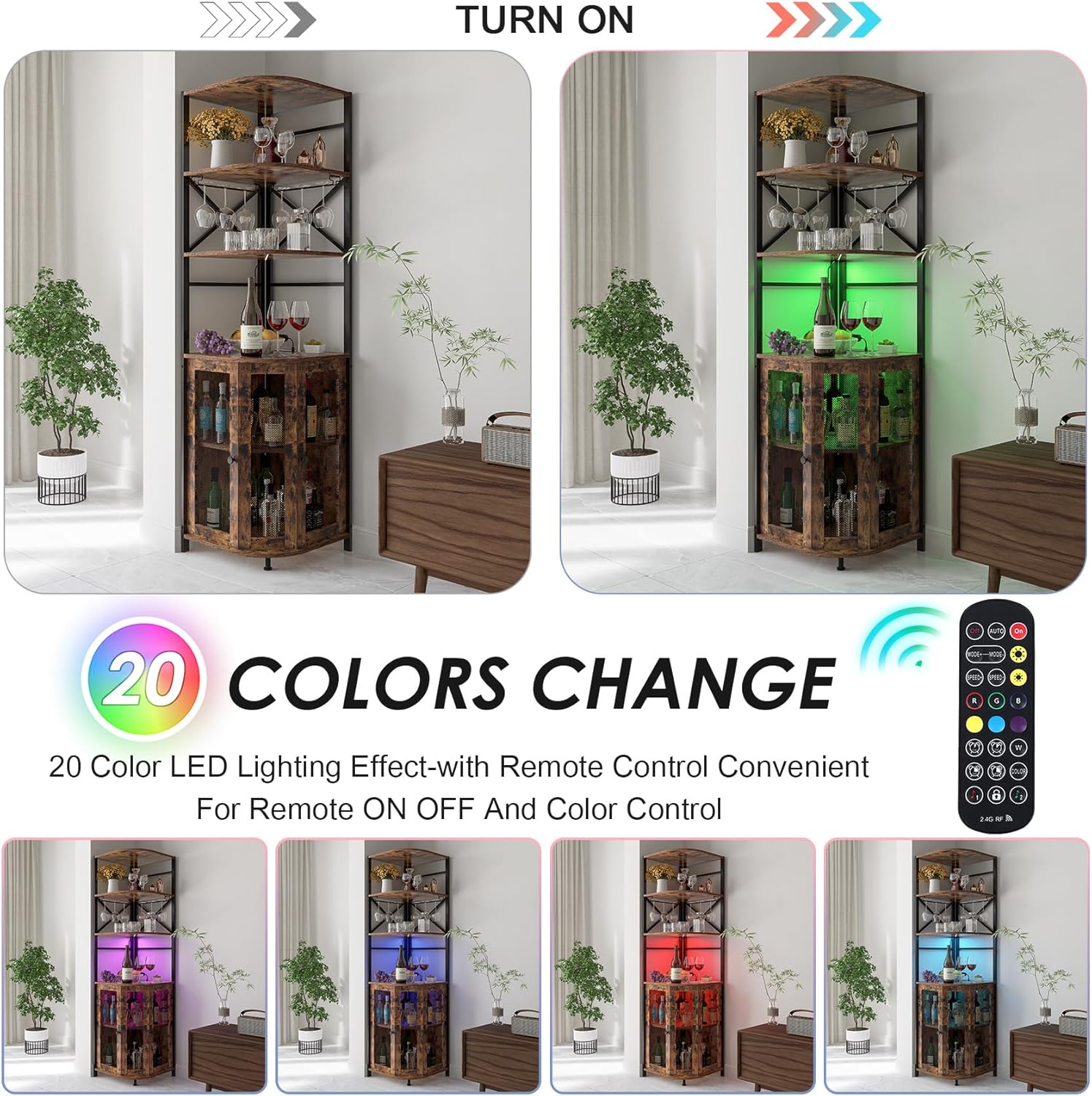 Wine Bar Cabinet with Power Outlet, 6-Tiers Industrial Wine Cabinet with LED Light and Glass Holder, Corner Wine Cabinet with Adjustable Shelf, Liquor Cabinet Bar for Christmas