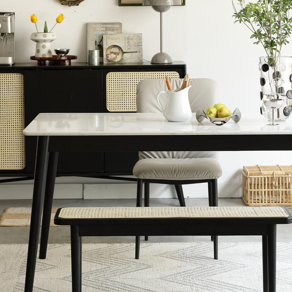 GDFStudio 47.24" Solid Oak Wood Dining Bench with Handwoven Rattan Seat, Modern Mid-Century Entryway Bench, End of Bed Bench for Bedroom Living Room, Black