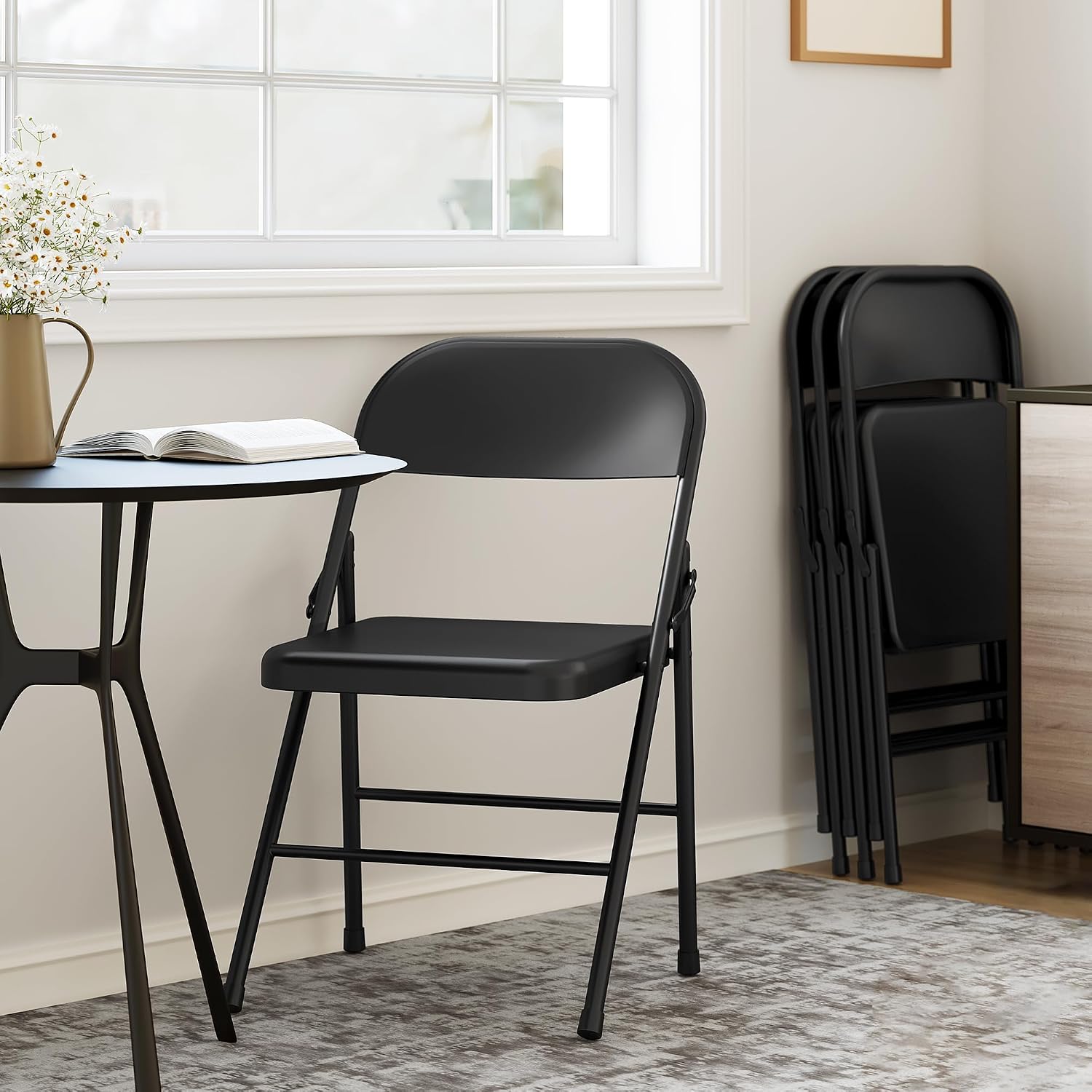 IDEALHOUSE 8 Pack All-Steel Folding Chairs Set of 8, Heavy Duty Metal Foldable Dining Chair with Backrest, Hold Up to 350 LBS, Black Portable Fold Chair for Home, Office, Indoor & Outdoor Events