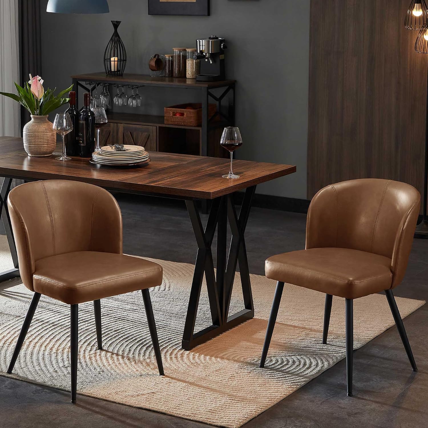 Susalt Dining Chairs Set of 2, Upholstered Kitchen Chairs with Faux Leather Cushion Seat and Metal Legs, Mid Century Modern Dining Room Chair for Kitchen, Living Room, Easy Assembly, Brown