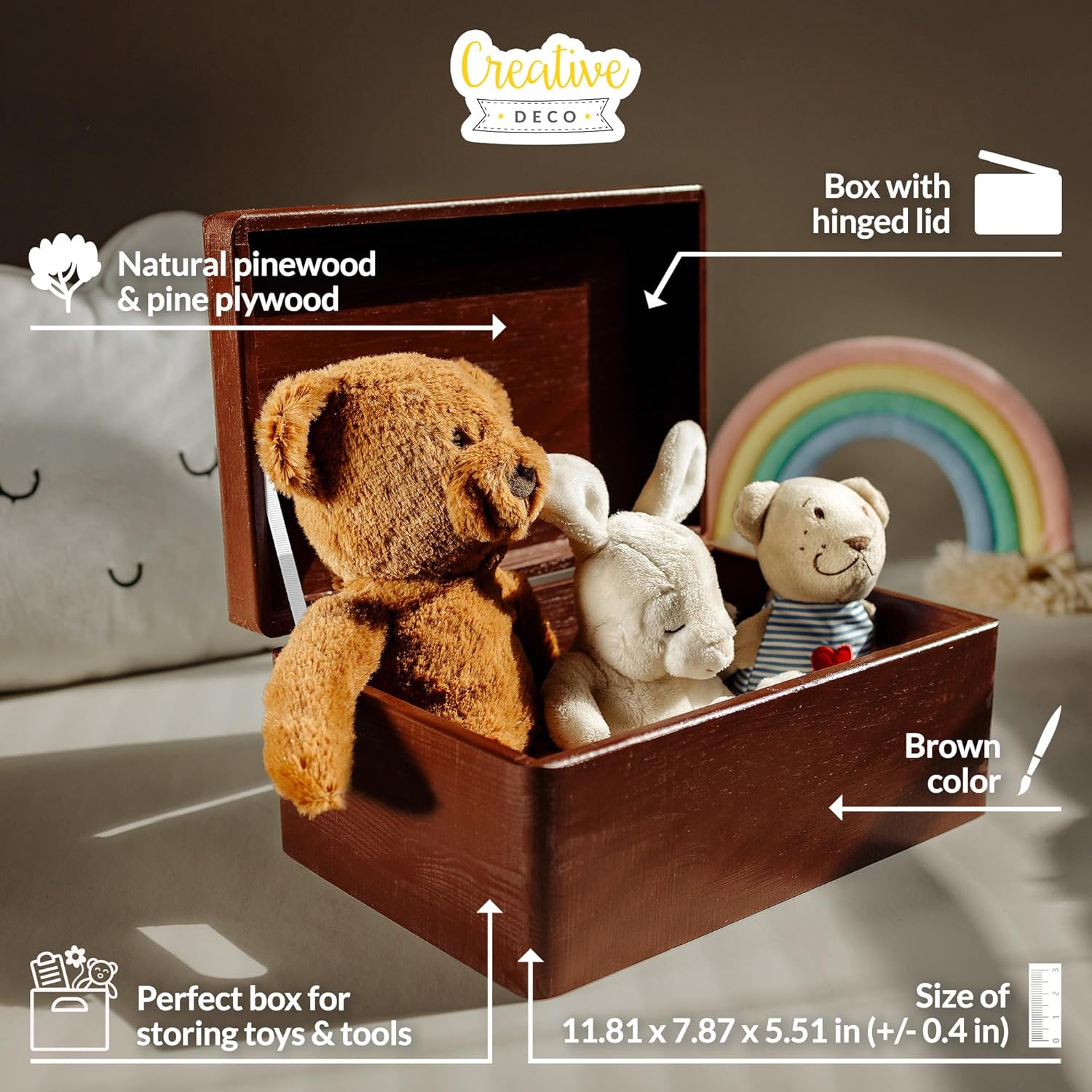 Creative Deco Large Brown Wooden Box Storage with Hinged Lid | 11.8x7.87x5.51in (+-0.5) | Keepsake Decorative Gift Box for Tool Dog Toy Kitchen Storage | ROUGH UNSANDED Acacia-Like Wood Chest Trunk