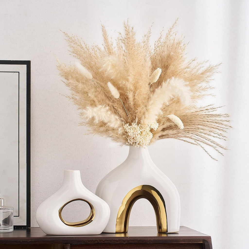 Modern Ceramic Donut Vase: Set of 2 -Minimalist Nordic White and Gold Hollow Vase Home Decor for Kitchen Dining Table Centerpieces Living Room Bederoom Entryway Wedding