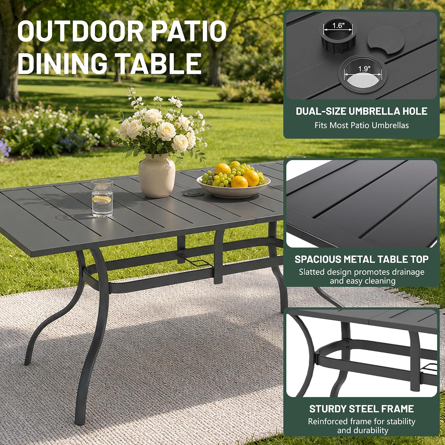 Anmutig 63" Rectangular Outdoor Dining Table, Metal Patio Table for 6 | Powder-Coated Steel Frame, Weather-Resistant Design, Slatted Metal Tabletop, Adjustable Umbrella Hole, Patio, Backyard Use