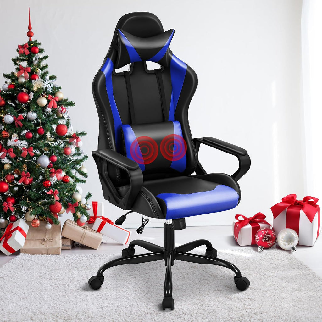 Blue Massage Gaming Chair Computer PC Office, High Back Ergonomic Desk Reclining Chair with Wheels, Adjustable Headrest Lumbar Support for Adults