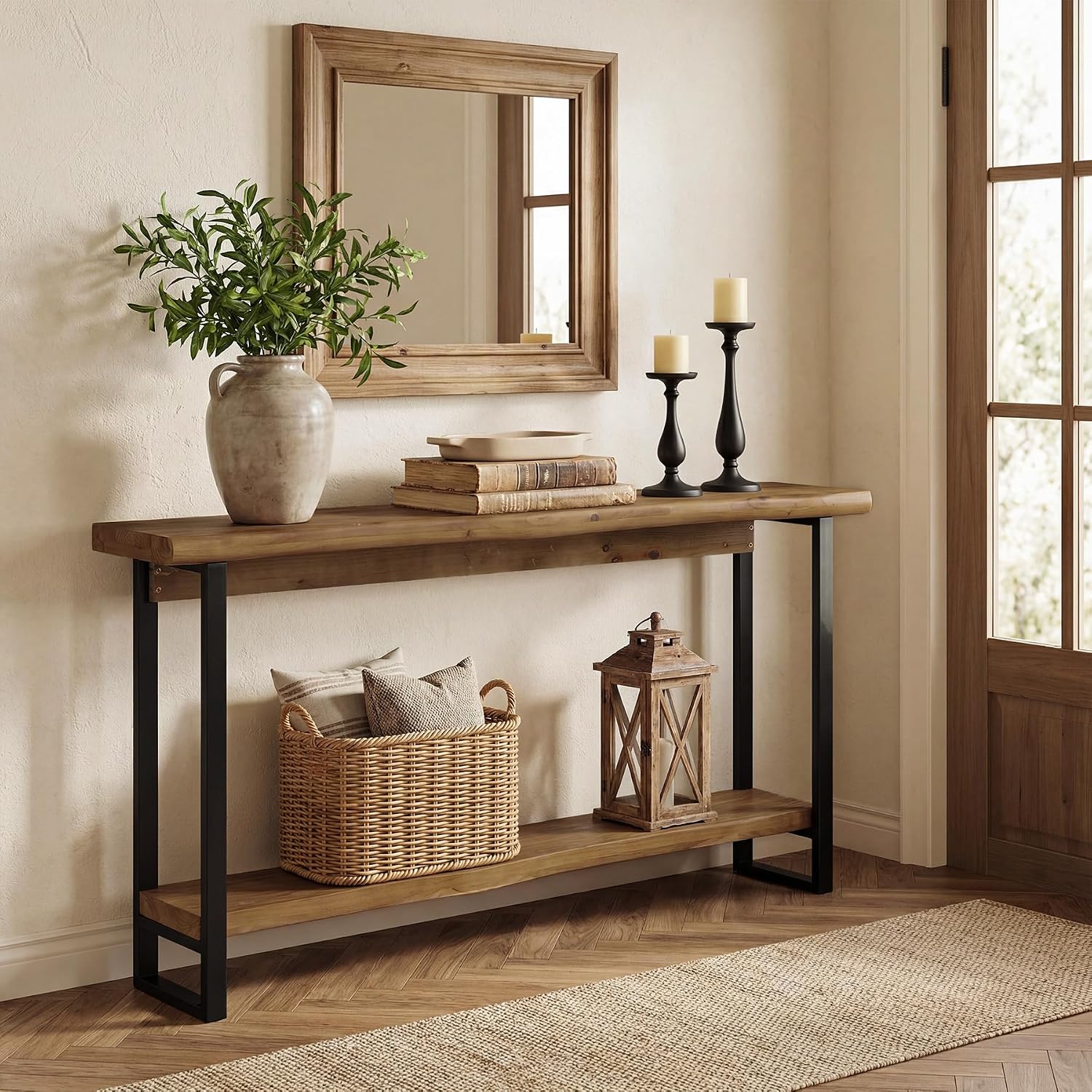 Solid Wood Live-Edge Console Table for Entryway, Farmhouse 63-Inch Narrow Long Sofa Table Behind Couch with Unique Shape, Heavy-Duty Metal Legs, Ideal for Foyer, Entrance, Living Room