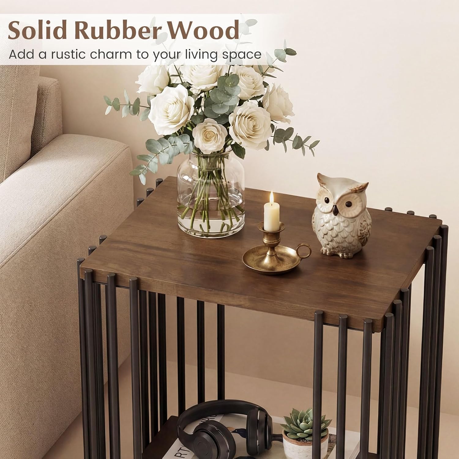 Giantex 2-Tier Wood Side Table - Narrow Sofa Couch End Table with Open Storage Shelves & Unique Metal Frame, Rustic Night Stand for Bedroom Living Room (1)