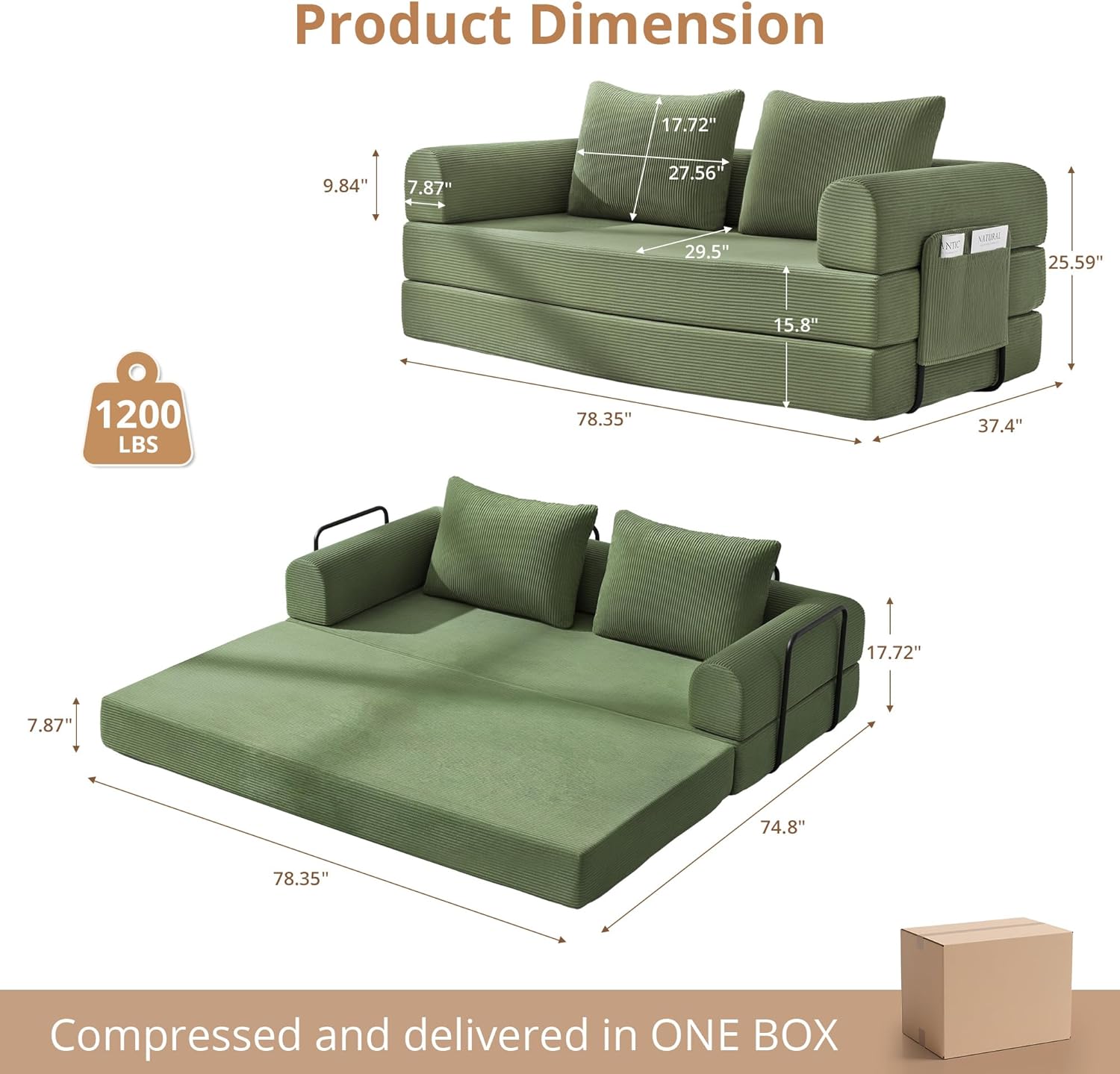 4-in-1 Folding Convertible Sofa Bed, 78 Inch Oversized Corduroy Loveseat Sleeper with Pull Out Bed, Boneless Futon Couch for Living Room Bedroom, No Assembly Needed, Olive Green