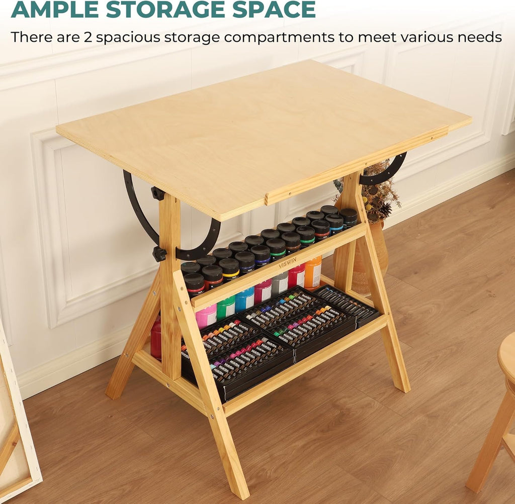 VISWIN Wood Drafting Table for Adults, Drawing Table with Adjustable Angle & 2-Tier Storage Racks for Art Studio, Solid Pine Wood Artist Desk for Drawing, Drafting, Writing, Reading, Sketching
