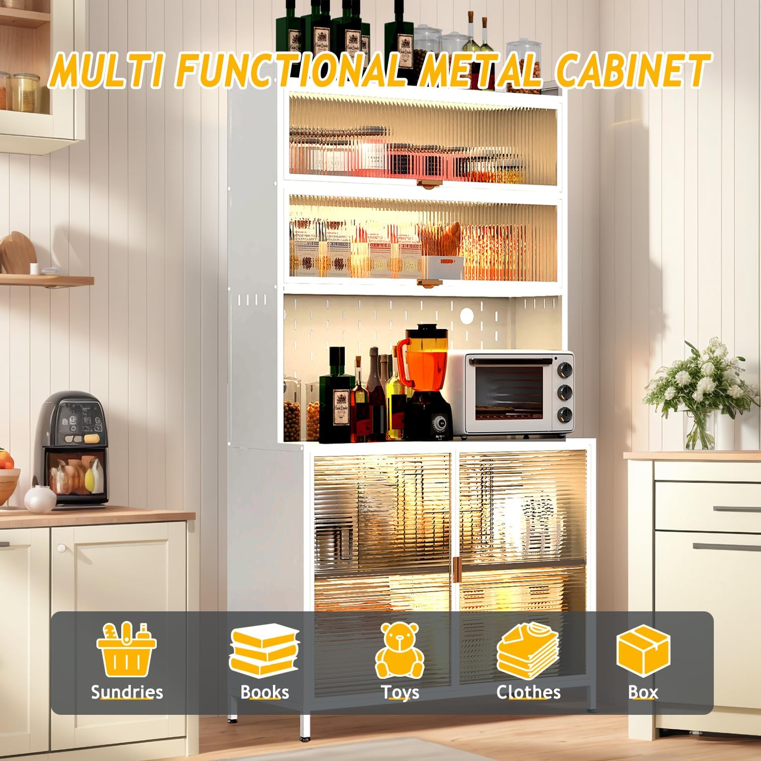 Kitchen Pantry Storage Cabinet, 73'' Tall Freestanding Cabinet with Door and Adjustable Shelves, Metal Pantry Cabinets, Anti-Tip Design (White)