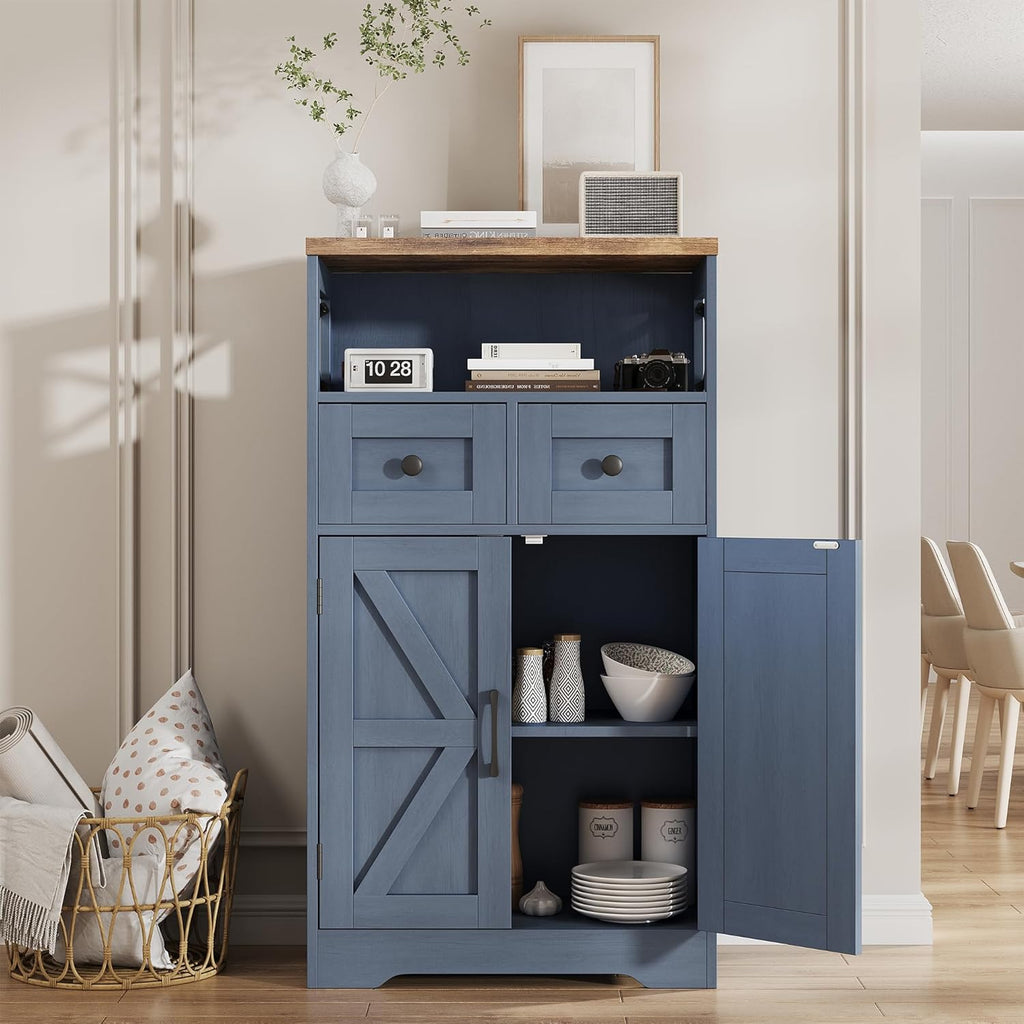 FiveWillowise Farmhouse Blue Storage Cabinet with Barn Doors and Drawers, Small Freestanding Kitchen Pantry Cabinet, Hutch Cupboard for Kitchen, Laundry, Living Room,Bathroom