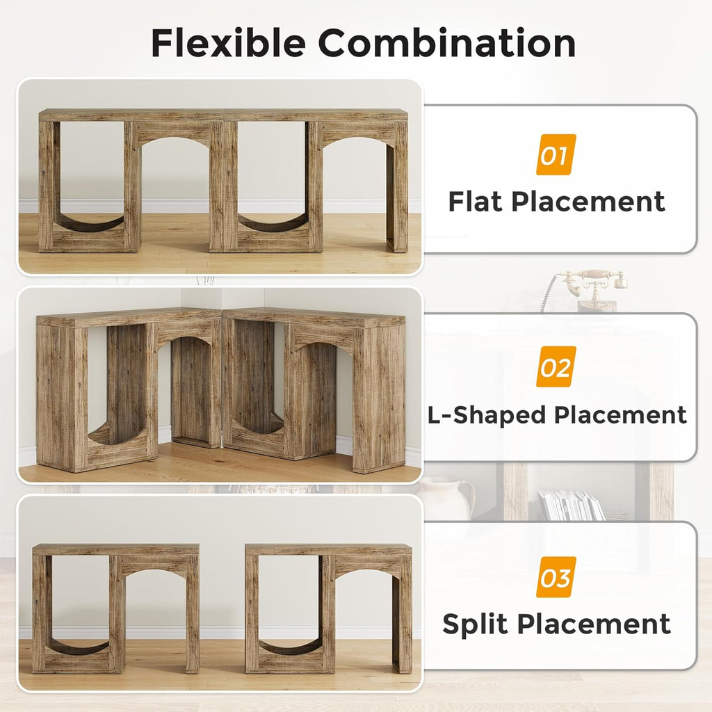 70.9" Farmhouse Console Table, Accent Sofa Table with Arched Design, Modular Entryway Table Free-Combination for Entrance, Hallway, Living Room, Rustic Brown,(Set of 2)