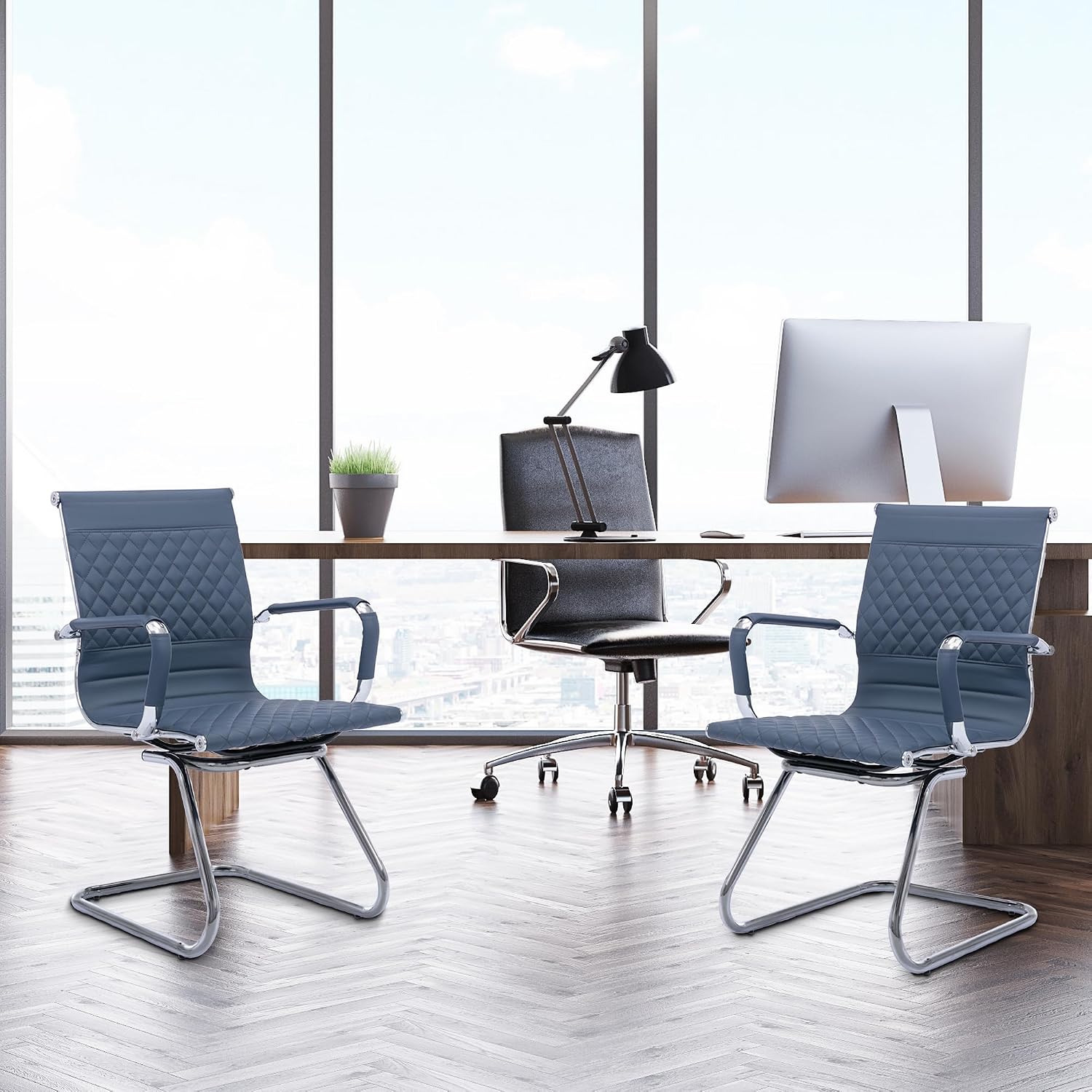 BESTANO Office Guest Chairs Reception Chairs Waiting Room Chairs Set of 2 Conference Room Chair with Mid Back, Modern PU Leather Desk Chairs, Navy