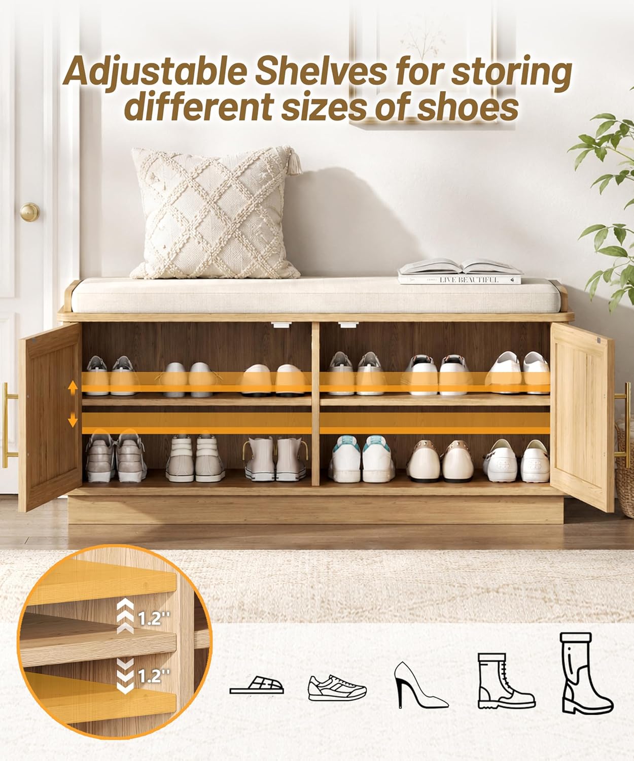 Akxomel Fluted Shoe Storage Bench with Cushion, 39.4" Entryway Bench with Adjustable Shelves and 2 Doors, Shoe Cabinet Bench with Curved Profile, for Hallway, Living Room, Bedroom, Natural Oak