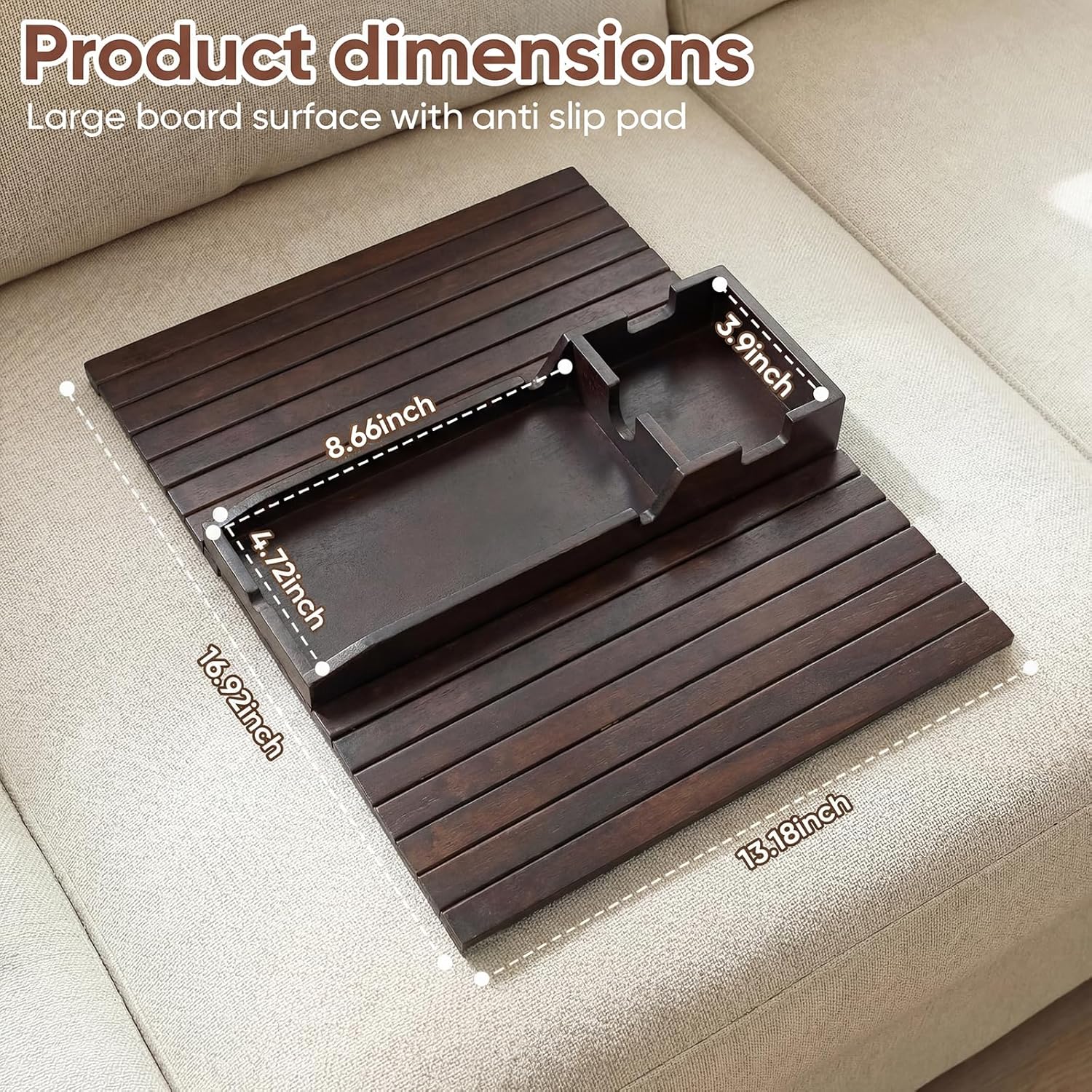 Bamboo Couch Arm Tray Table with Built-in Cup Holder, Foldable Anti-Slip Sofa Armrest Table for Drinks, Phone & Remote, Fits 4.7–16.9 in Armrests, Holds Cups up to 3.5 in Diameter (Brown)
