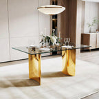 63 inch Glass Dining Table for 6,0.39 in Thick Glass Top with Gold Stainless Steel Pedestal Dining Room Table