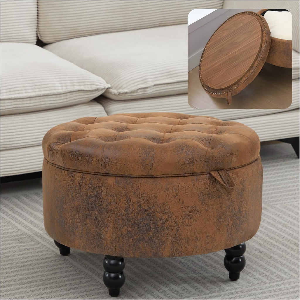 30 Inch PU Leather Round Storage Ottoman with Tray, Modern Upholstered Tufted Coffee Table with Storage, Large Ottoman Footrest Stool for Living Room, Bedroom, Dorm, Light Brown