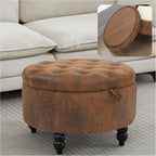 30 Inch PU Leather Round Storage Ottoman with Tray, Modern Upholstered Tufted Coffee Table with Storage, Large Ottoman Footrest Stool for Living Room, Bedroom, Dorm, Light Brown