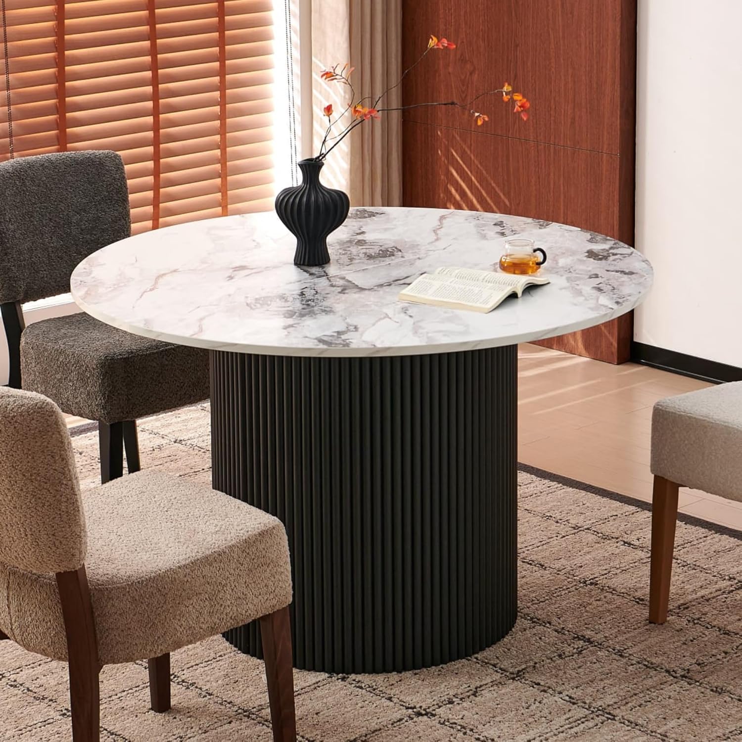 47" Rustic Round Dining Table for 4-6, Industrial Circle Kitchen Dinner Table, Two-Part Faux White Marble Grain Tabletop & Engineered Wood Pedestal Base for Kitchen Living Room Office