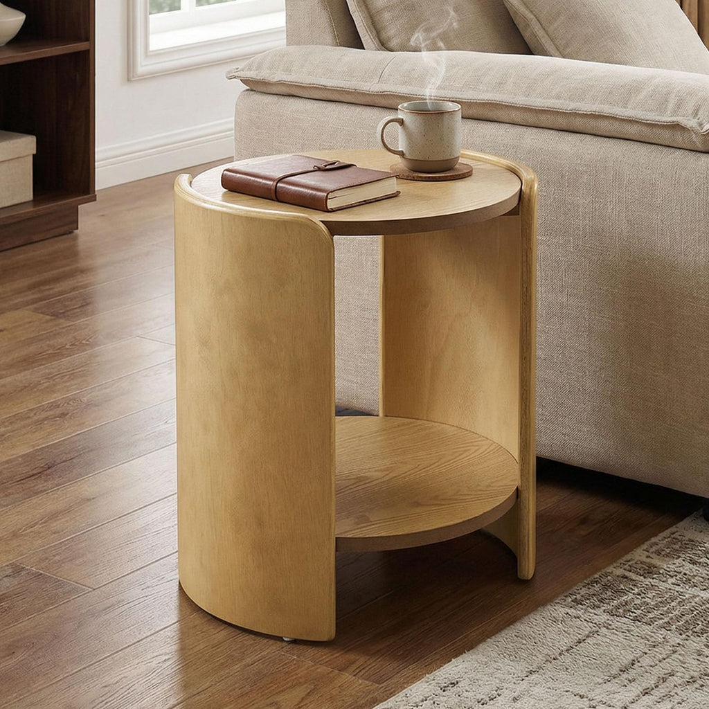 HNY Natural Oak Side Table, 2-Tier Small Round Wood End Table, Nightstand with Storage Shelf Mid Century Modern Bedside Table for Living Room Bedroom Apartment