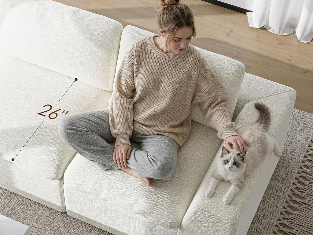 113” Cloud Couch 丨 Modular Sectional Couches for Living Room 丨 L Shaped Boneless Couch with Nice Back Support 4 Seater Warm White Chenille