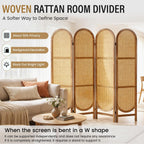 Arched Rattan Room Divider 5.6 Ft Folding Privacy Screen, 4 Panel Freestanding Room Partition with Double Hinges, Lightweight Paulownia Wood Divider for Bedroom, Restaurant, Office, Natural