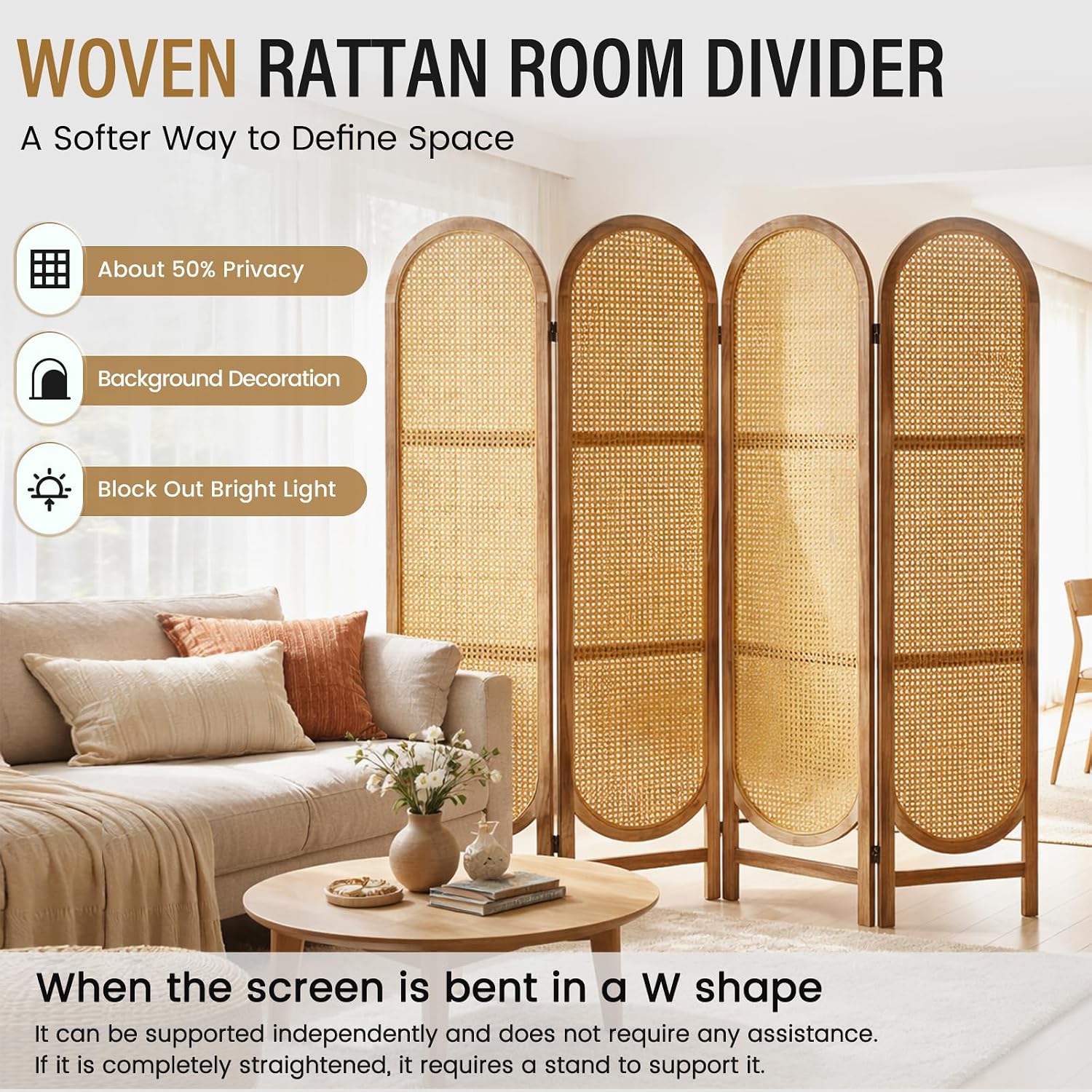 Arched Rattan Room Divider 5.6 Ft Folding Privacy Screen, 4 Panel Freestanding Room Partition with Double Hinges, Lightweight Paulownia Wood Divider for Bedroom, Restaurant, Office, Natural