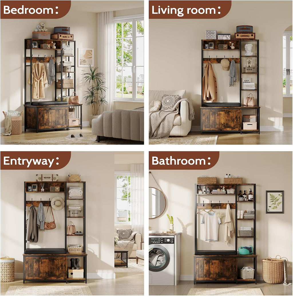 Hall Tree Coat Rack, Hall Tree With Bench and Shoe Storage Shoe With, Mud Room Storage Furniture，39.37 X 15.74 X 69.69 Inches, Brown