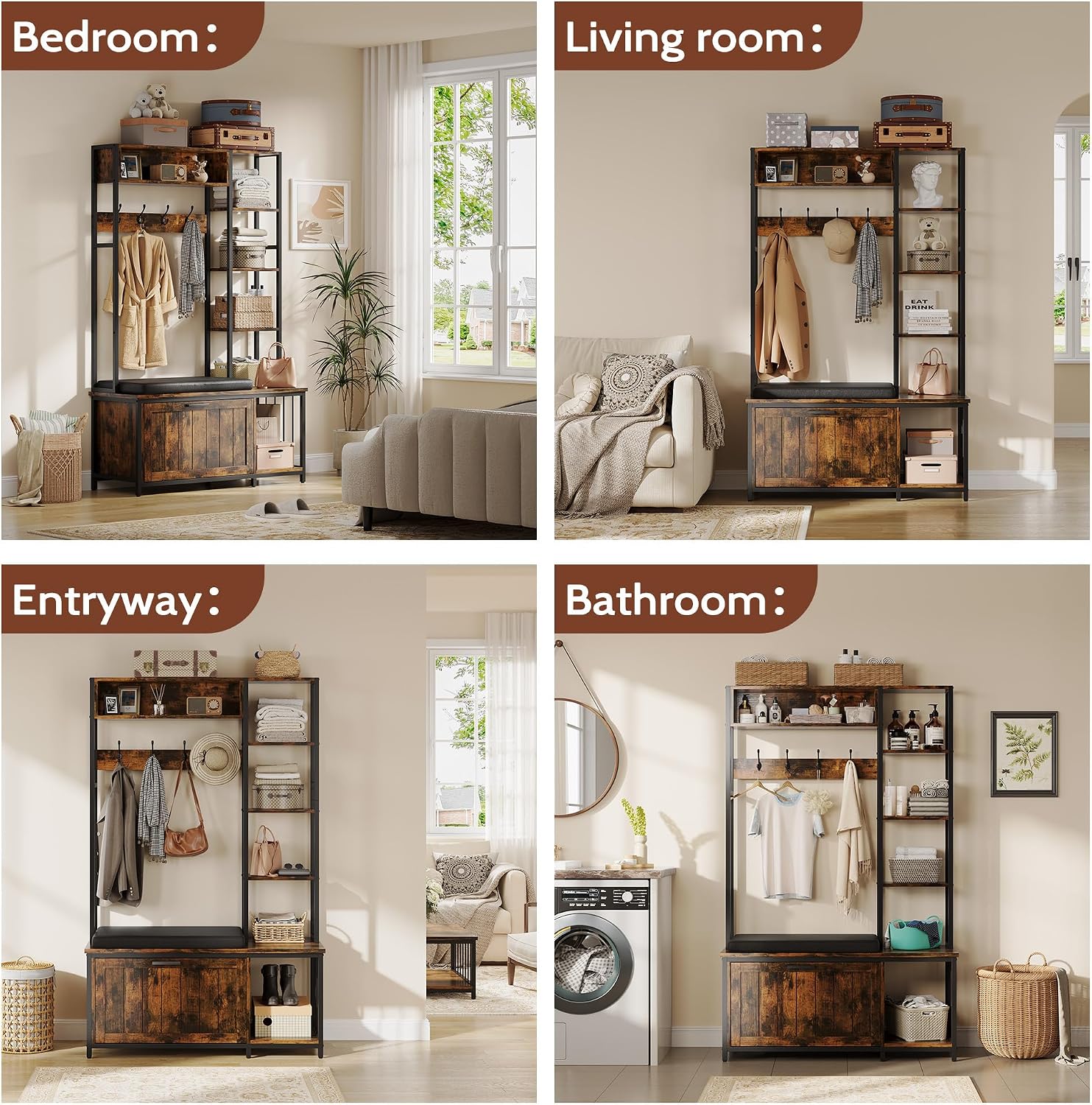 Hall Tree Coat Rack, Hall Tree With Bench and Shoe Storage Shoe With, Mud Room Storage Furniture，39.37 X 15.74 X 69.69 Inches, Brown