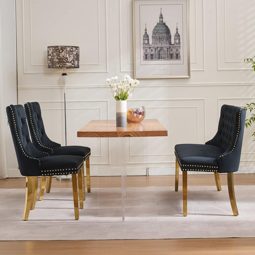 Henf Modern Tufted Velvet Dining Bench with Wing Back, 2-Seat, Nailhead Trim, Sturdy Stainless Steel Legs, Entryway Bench Small Upholstered Loveseat Sofa, 45.6''W x 22.7''D x 35.2''H (Black&Gold)