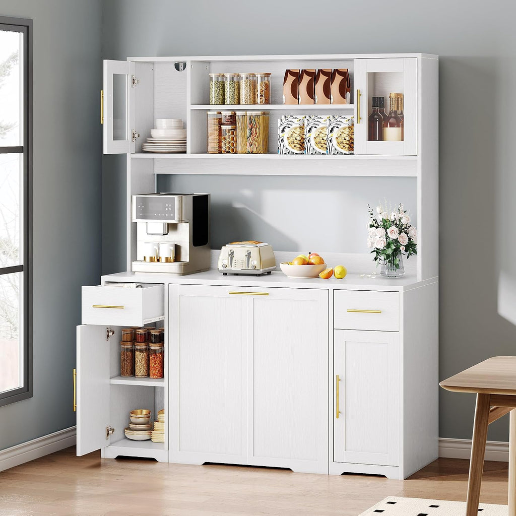 Hutch Cabinet with Storage, 65" Tall Kitchen Pantry with Power Outlet, Double Pull Out Trash Can Cabinet, Kitchen Hutch with Countertop and Drawers, Modern Pantries for Home, White