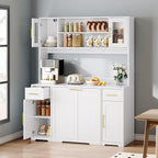 Hutch Cabinet with Storage, 65" Tall Kitchen Pantry with Power Outlet, Double Pull Out Trash Can Cabinet, Kitchen Hutch with Countertop and Drawers, Modern Pantries for Home, White