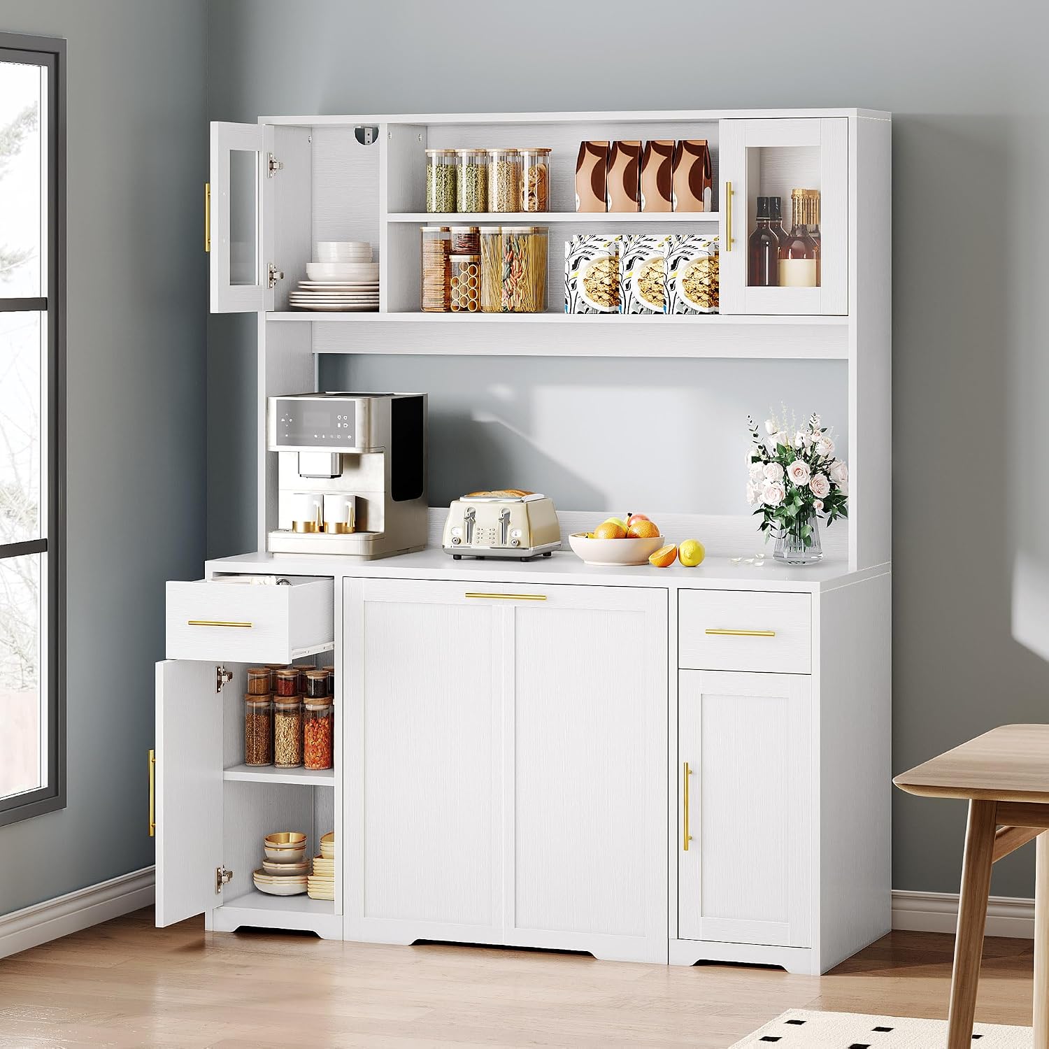 Hutch Cabinet with Storage, 65" Tall Kitchen Pantry with Power Outlet, Double Pull Out Trash Can Cabinet, Kitchen Hutch with Countertop and Drawers, Modern Pantries for Home, White