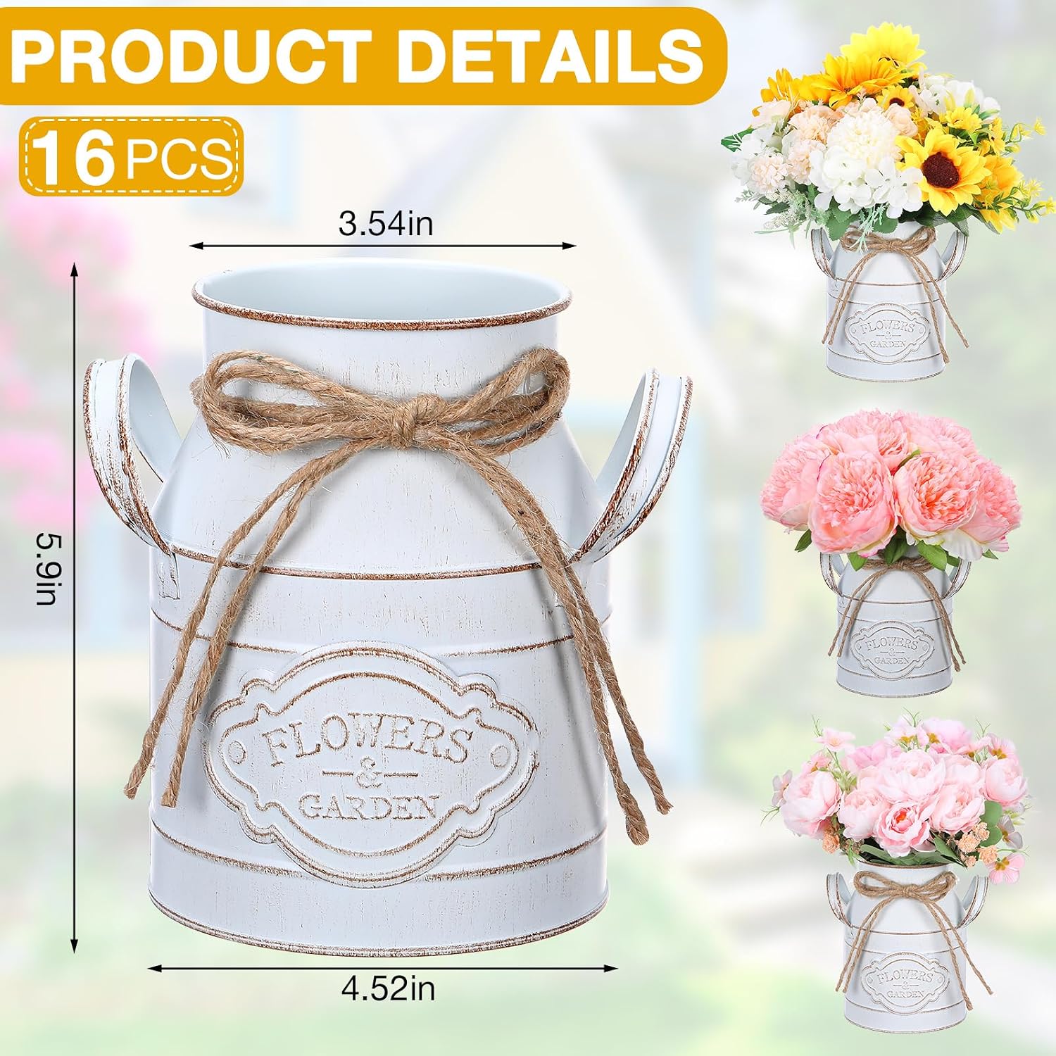 Roshtia 16 Pcs 6 Inch Metal Milk Can Jug Bulk Vintage Galvanized Milk Vase Rustic Farmhouse Flower Bucket French Shabby Chic Decor with Handle for Home Wedding Table Centerpiece (Retro White)