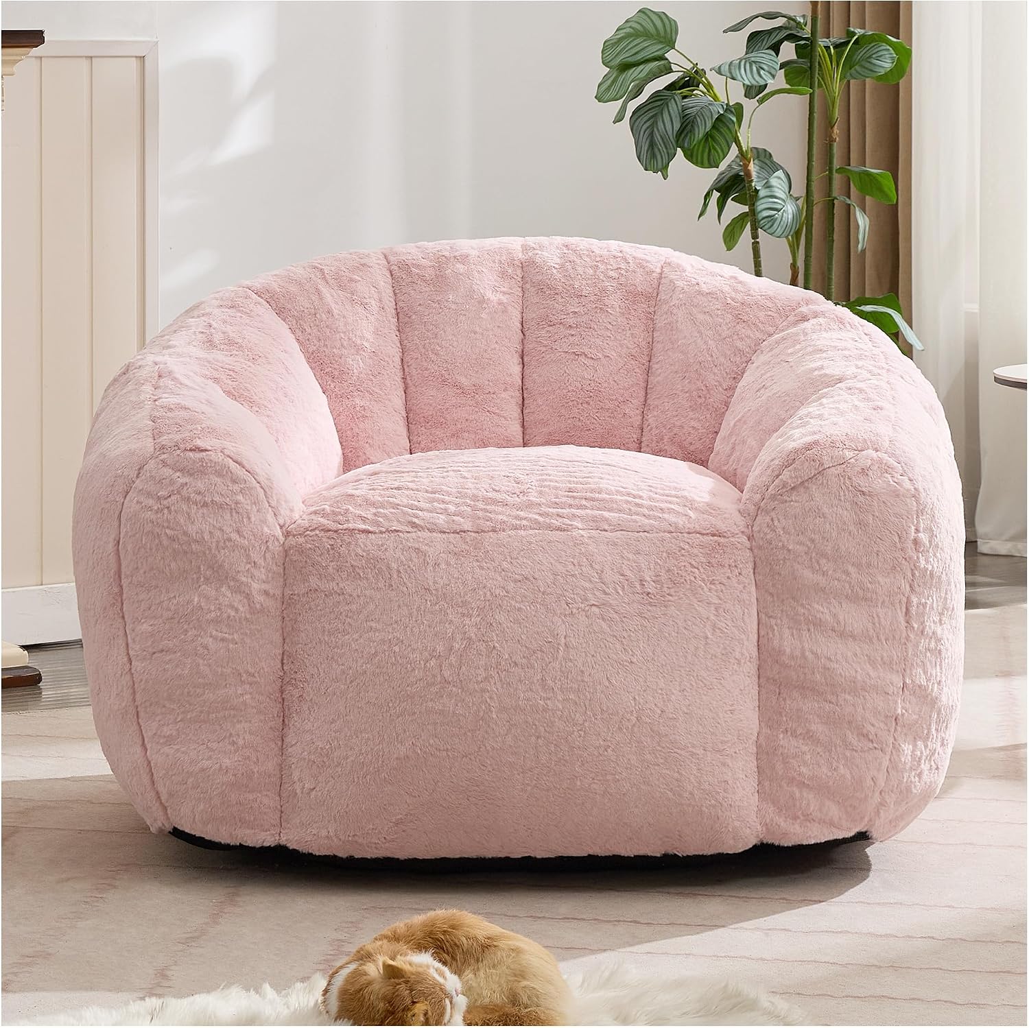 Giant 4ft Bean Bag Chair for Adults, Big Beanbag Chairs with Filler Included, Large Comfy Faux Fur Oversized Adult Bean Bags, Huge Floor Sofa for Bedroom, Living Room, Pink