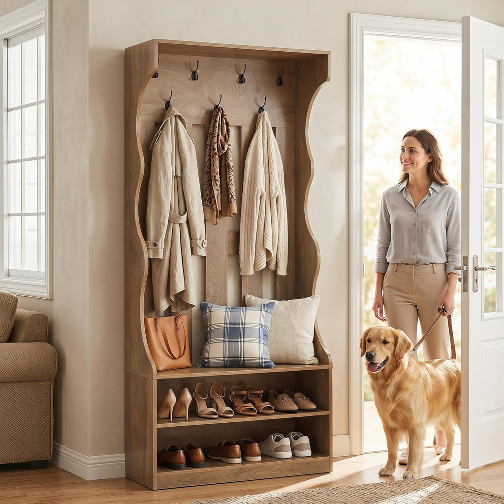 LITTLE TREE 3-In-1 Coat Rack with Shoe Bench, 70.9" Tall Hall Tree with 7 Hooks, Farmhouse Entryway Coat Rack with 2 Tier Shoe Storage for Entryway, Living Room, Bedroom, Brown